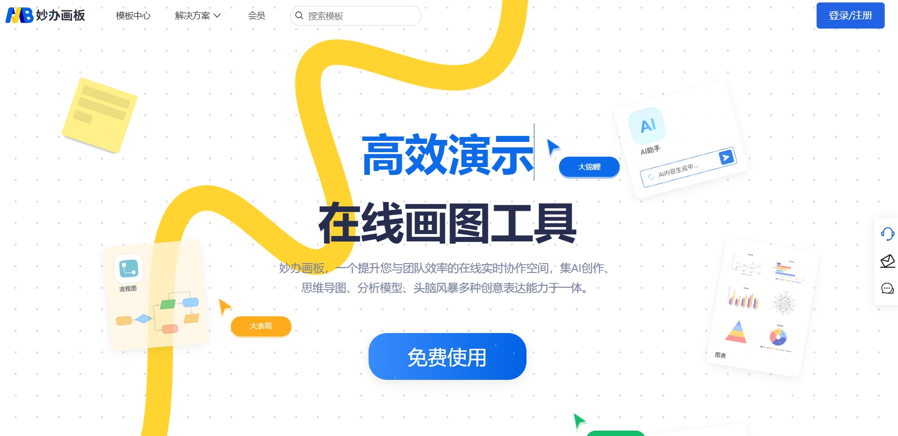 妙办画板,集AI创作、思维导图、分析模型、头脑风暴多种创意表达能力于一体。