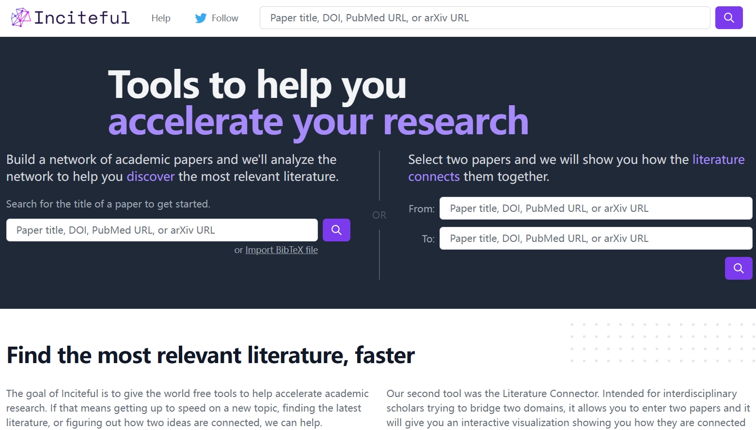 Inciteful,Inciteful中有两个工具，Paper Discovery和Literature Connector。Paper Discovery能根据引文构建论文网络，使用网络分析算法来分析网络，让使用者快速了解该主题所需的信息，同时找到最相似的论文、重要的论文以及多产的作者和机构等。Literature Connector则可以输入两篇文献，提供交互式可视化展示二者如何通过文献连接起来。