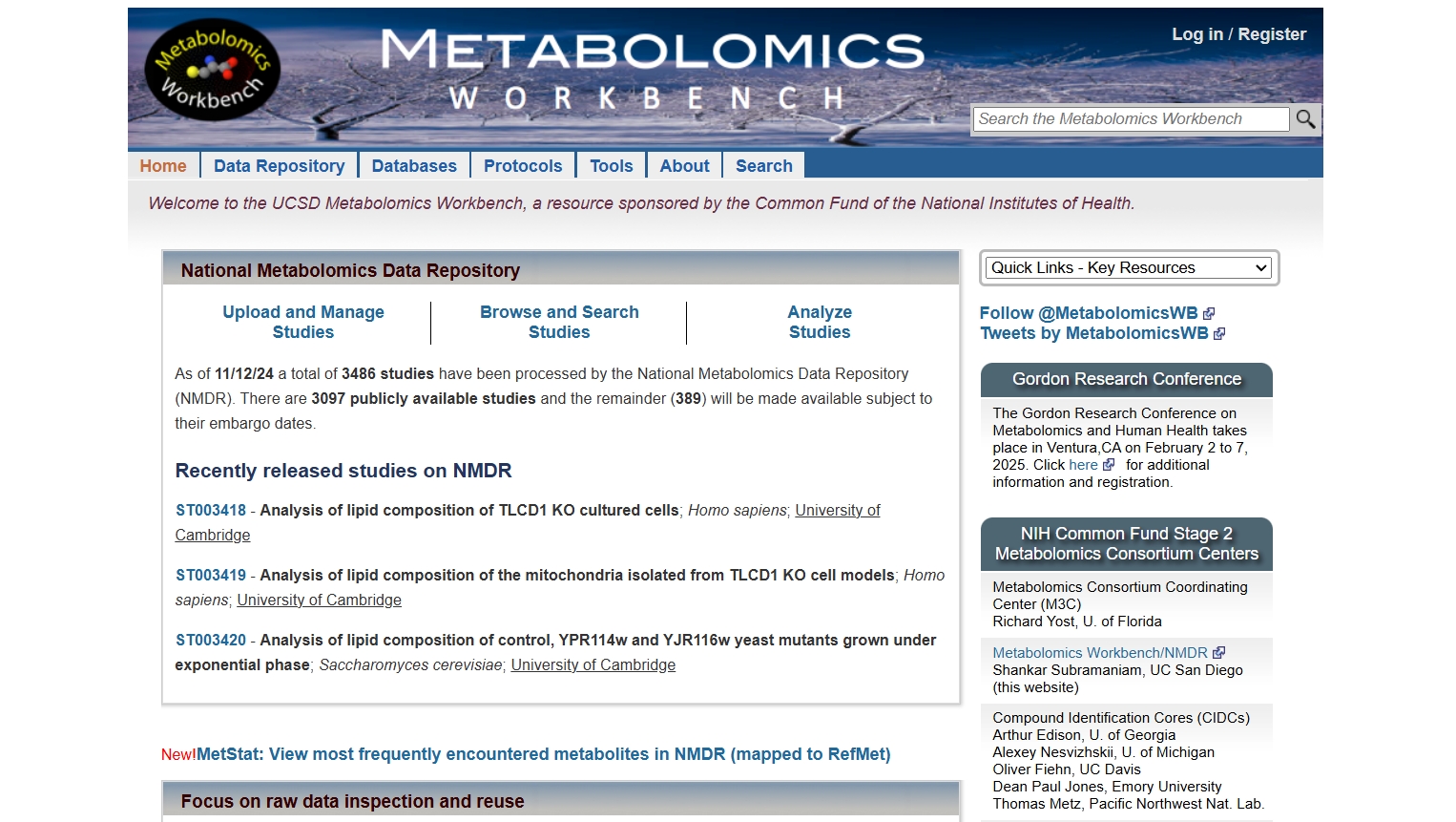 Metabolomics Workbench,提供代谢组学数据和元数据的国家和国际存储，同时还提供代谢组学分析工具和代谢物标准、方案、教程、培训等。